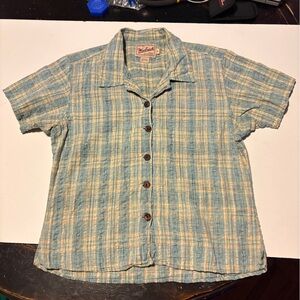 Woolrich Button Up Shirt Women Medium Blue Plaid Short Sleeve Cotton Top